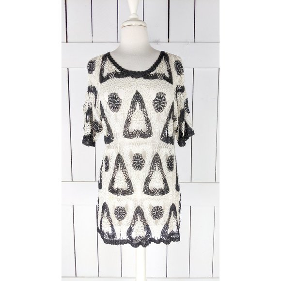 Vintage black ivory crochet beaded knit sheer short sleeve blouse - Picture 5 of 6